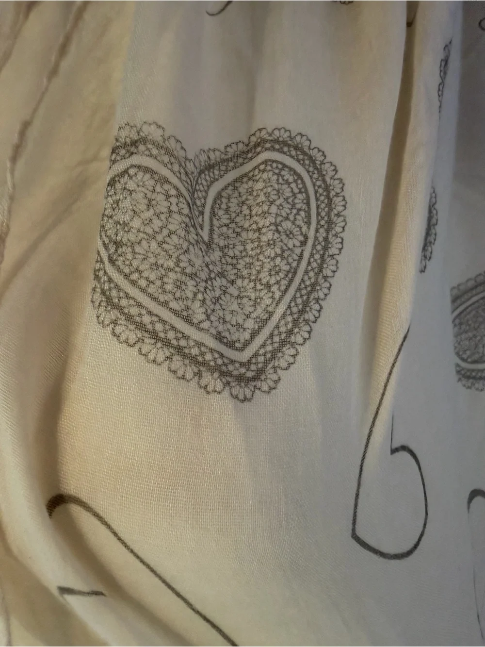Cream & Gray Heart Pattern Lightweight Sheer Shawl. Scarf, Poncho, Cardigan Wrap